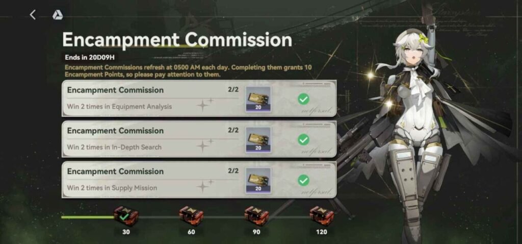 Encampment Commission daily tasks screen in Girls' Frontline 2 Exilium showing completed missions and rewards