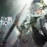 Halting Station promotional artwork from Girls' Frontline 2 Exilium featuring a stylized character holding a heavy weapon