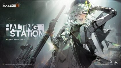 Halting Station promotional artwork from Girls' Frontline 2 Exilium featuring a stylized character holding a heavy weapon