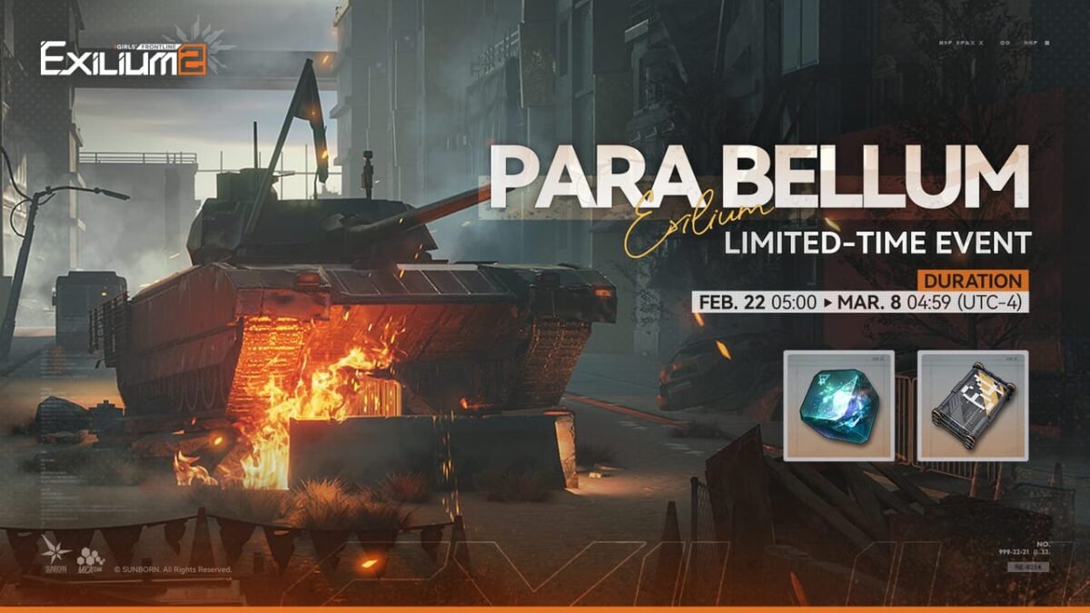ParaBellum limited-time event artwork in Girls' Frontline 2 Exilium featuring a damaged tank in an urban battlefield