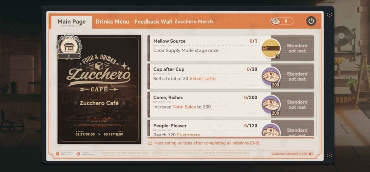 Zucchero Café event interface in Girls' Frontline 2 showing missions, sales goals, and progression rewards