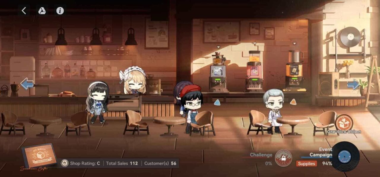 Zucchero Café gameplay in Girls' Frontline 2 showing chibi Dolls serving customers inside the café