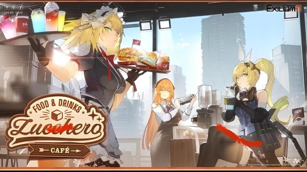 Zucchero Café event artwork in Girls' Frontline 2 featuring Dolls serving drinks and food in a themed café setting