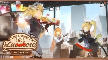 Zucchero Café event artwork in Girls' Frontline 2 featuring Dolls serving drinks and food in a themed café setting