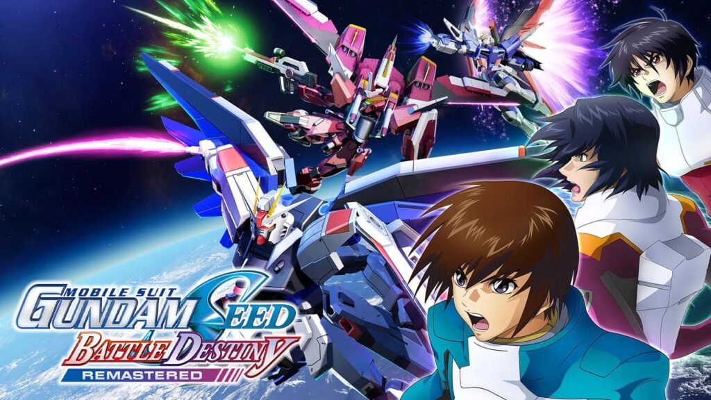 Mobile Suit Gundam SEED Battle Destiny Remastered key art featuring mecha combat and main characters