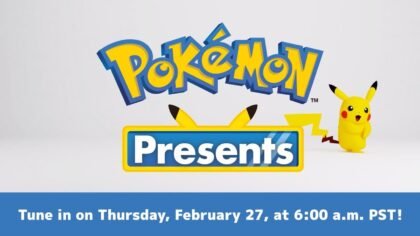 Pokémon Presents broadcast graphic showing the Pokémon logo, Pikachu, and the February 27 presentation date