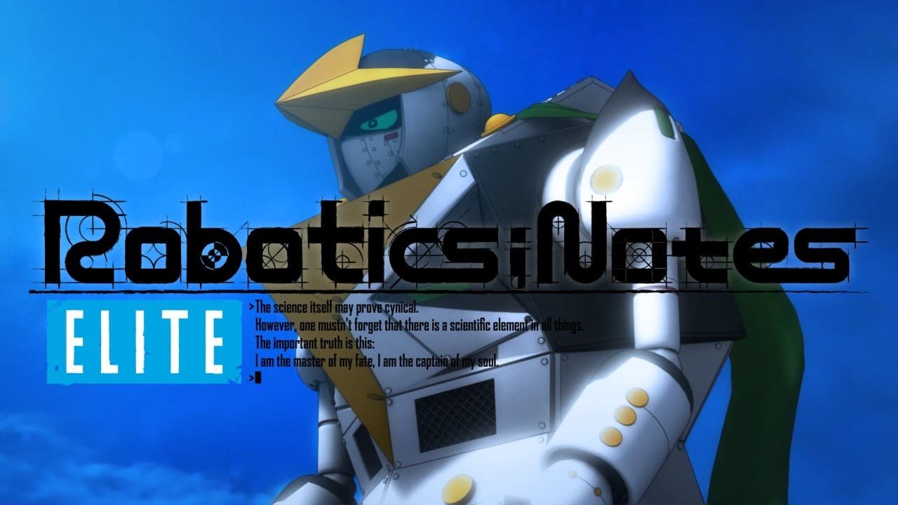 Close-up of the Robotics Club’s robot in Robotics;Notes Elite with the game title and a quote about science and fate.