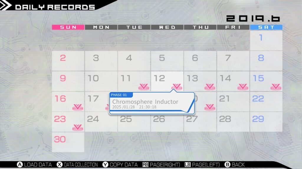 Daily Records calendar screen from Robotics;Notes Elite showing June 2019, used to revisit and revise past in-game days.