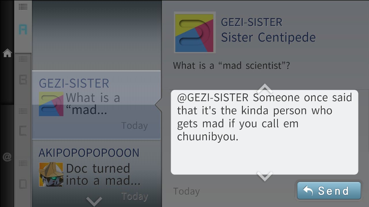 Messaging system in Robotics;Notes Elite showing a message from Gezi-Sister asking about mad scientists, with a humorous reply ready to send.