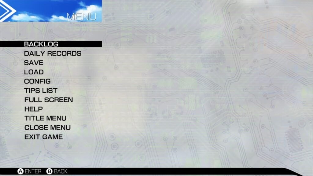 In-game pause menu from Robotics;Notes Elite showing options like backlog, save, load, tips list, and more on a white background.