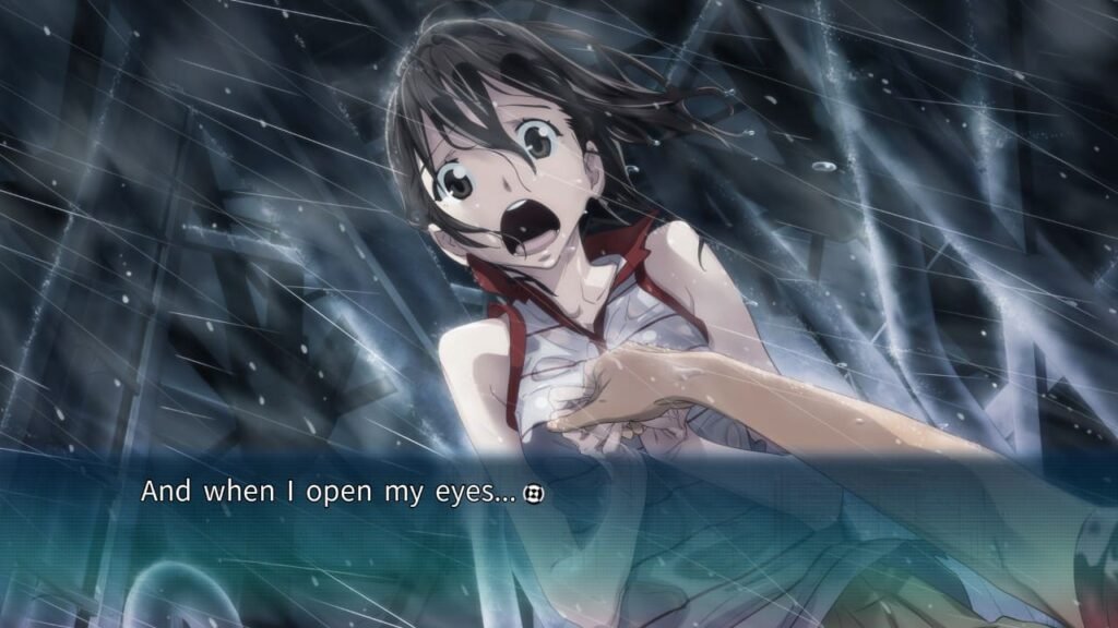 Kaito waking up while Akiho panics, grabbing his hand with heavy rain falling in the background in Robotics;Notes Elite.