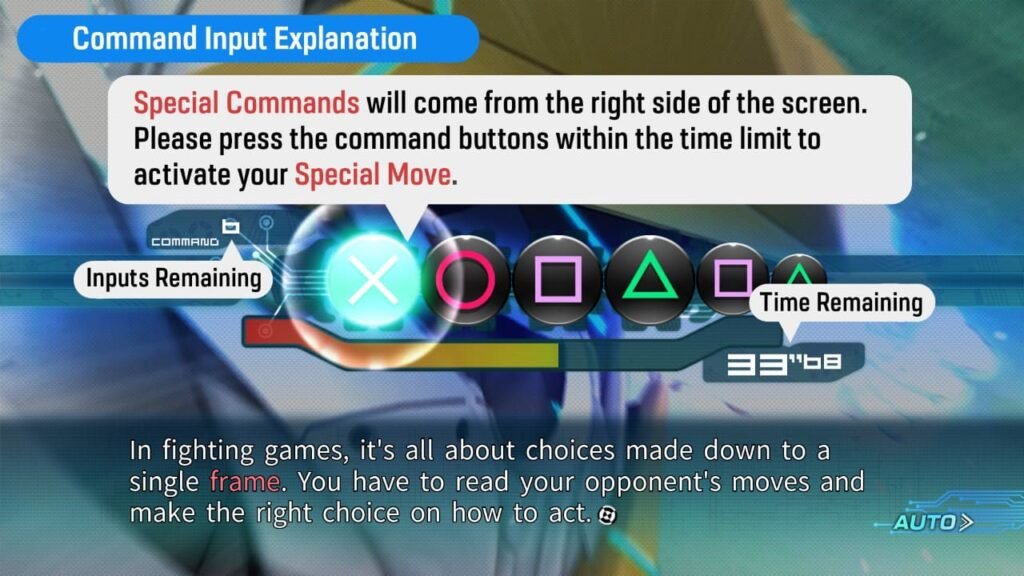 Kill-Ballad in-game screen showing command inputs and explanations of fighting game frame data terminology.