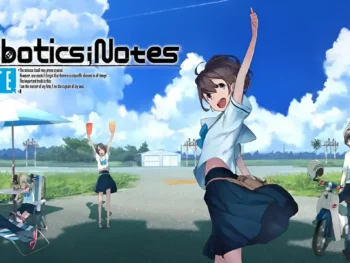 The main cast of Robotics;Notes Elite outside on a sunny day, with Akiho smiling and raising her hand. The game’s title appears to the left.