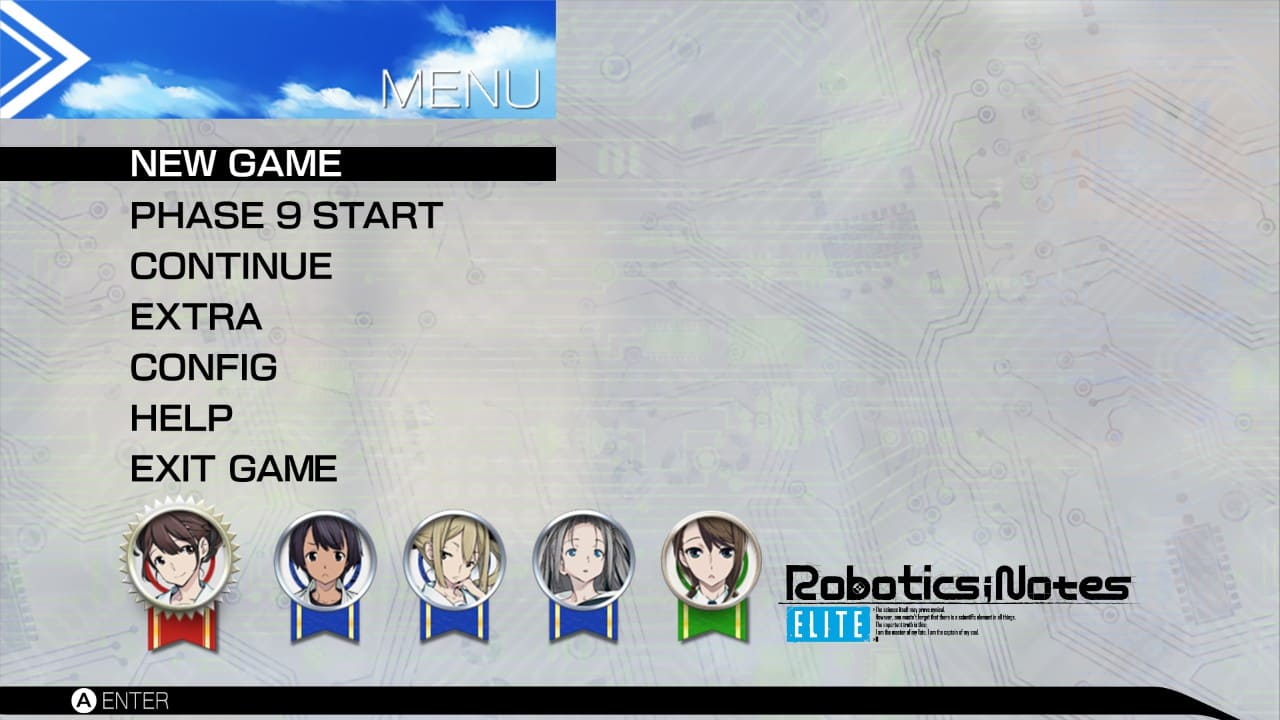 Main menu of Robotics;Notes Elite showing options like New Game, Continue, and Extra, with medals displayed for completing every route.