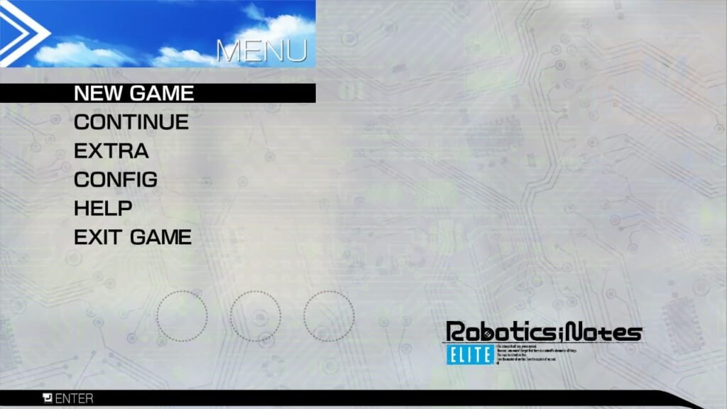 Robotics;Notes Elite main menu with a neutral white background, showing options like New Game, Continue, and the game’s logo in the bottom right.