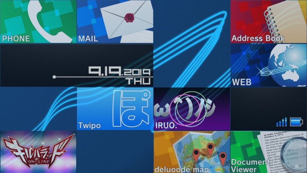 Pokecom device open displaying phone, mail, address book, web browser, Twipo, IRUO, Kill-Ballad, Deluoode Map, and document viewer apps in Robotics;Notes Elite.