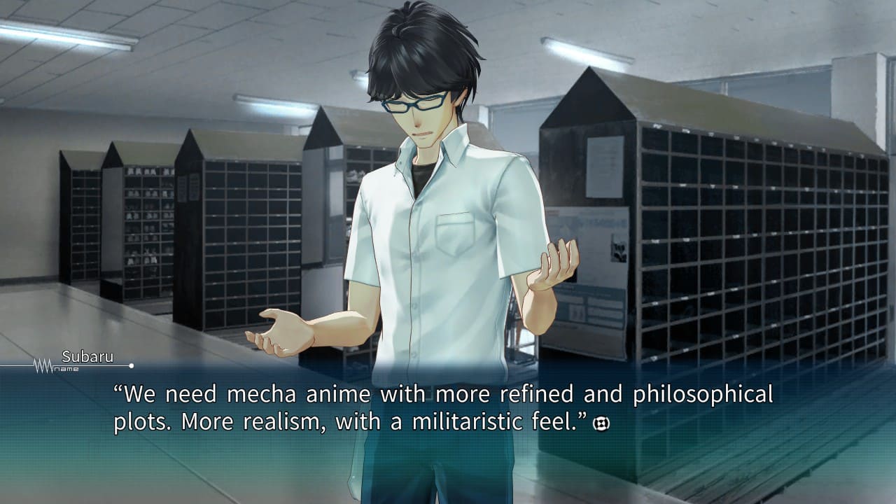 Subaru in Live 2D shrugging, saying "We need mecha anime with more refined and philosophical plots" in Robotics;Notes Elite.