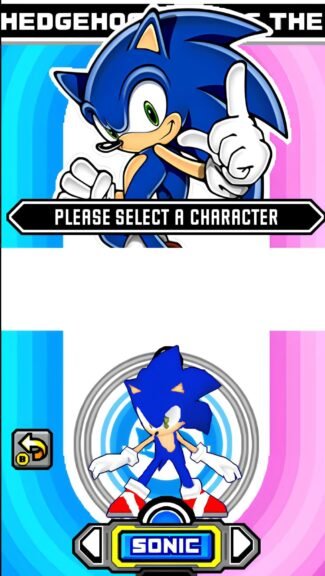 Sonic Rush character select screen showing Sonic highlighted with the prompt “Please select a character.”
