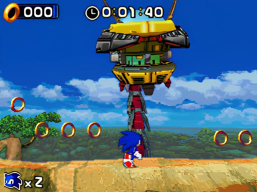 Sonic Rush 2.5D boss fight against Egg Hammer with Sonic facing the enemy and losing rings.
