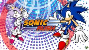 Featured image of Sonic Rush showing Blaze the Cat on the left, Sonic on the right, and the game title logo in the center with dynamic pink dots, blue rays, and a faint red ring.