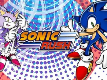 Featured image of Sonic Rush showing Blaze the Cat on the left, Sonic on the right, and the game title logo in the center with dynamic pink dots, blue rays, and a faint red ring.