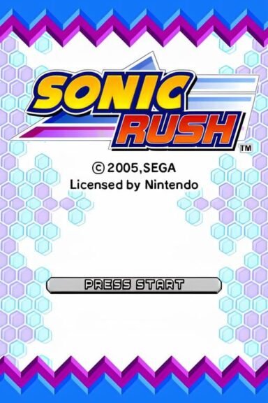 Sonic Rush title screen with purple and blue background colors, the game logo, and “Press Start” prompt.