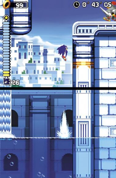 Sonic Rush gameplay in Water Palace zone, showing a ripple on the bottom screen where Sonic jumped and Sonic mid-air on the top screen near a knight enemy.