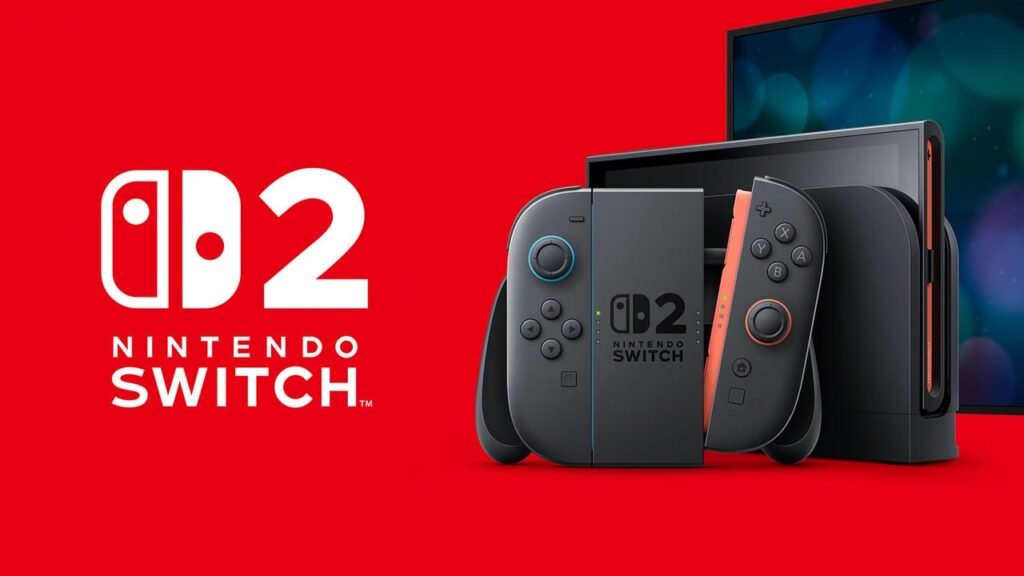 Nintendo Switch 2 console with dock and updated Joy-Con controllers shown alongside official branding.