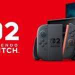 Nintendo Switch 2 console with dock and updated Joy-Con controllers shown alongside official branding.