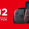 Nintendo Switch 2 console with dock and updated Joy-Con controllers shown alongside official branding.