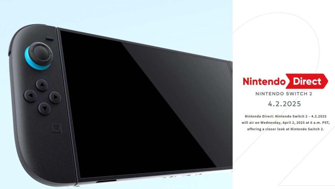 Nintendo Switch 2 handheld console shown alongside a Nintendo Direct announcement dated April 2, 2025.
