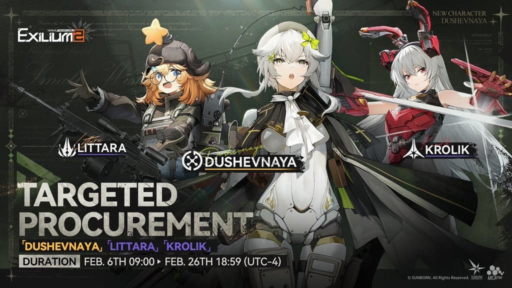 The official Targeted Procurement banner for Dushevnaya, Littara, and Krolik from the Dushevnaya GFL2 guide.