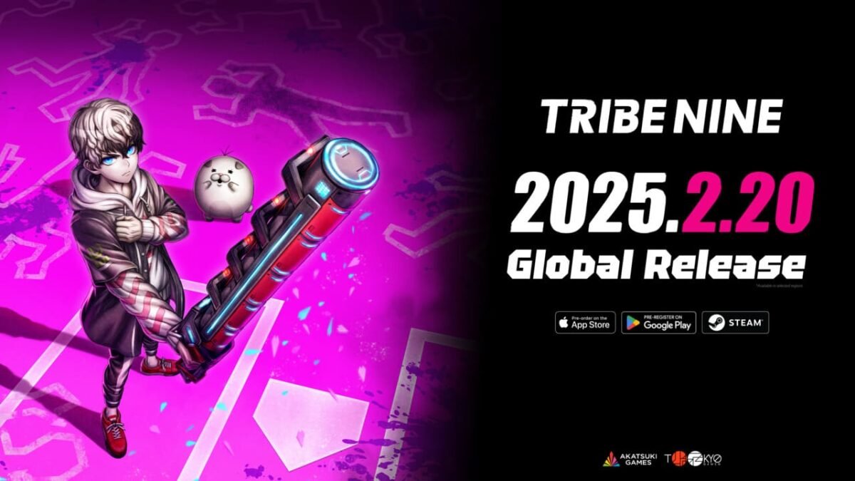 Tribe Nine key art showing a character with a large weapon and the global release date for mobile and PC