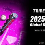 Tribe Nine key art showing a character with a large weapon and the global release date for mobile and PC
