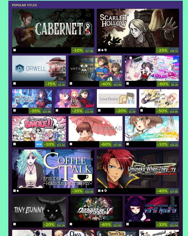 Steam 2025 VN Sale selection