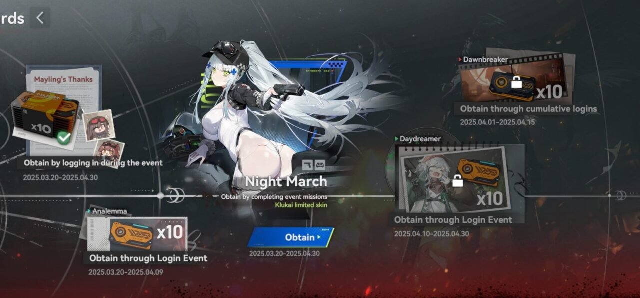 Night March Klukai limited skin event screen showing character artwork and login rewards