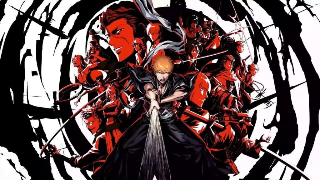 Bleach Rebirth of Souls key art showing Ichigo Kurosaki and multiple characters in a red and black cinematic style