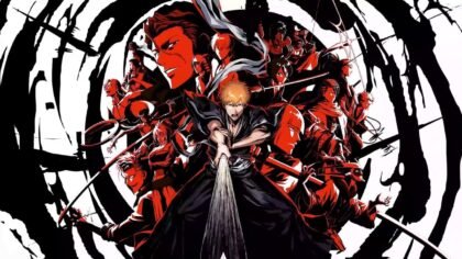 Bleach Rebirth of Souls key art showing Ichigo Kurosaki and multiple characters in a red and black cinematic style