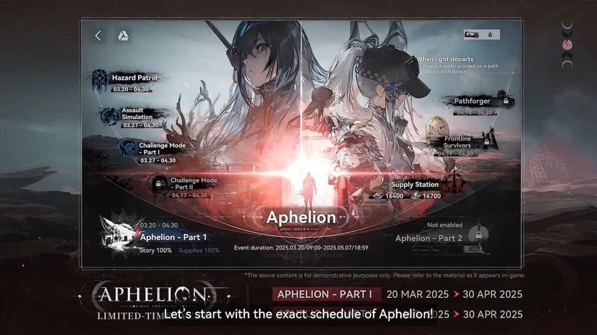 Girls' Frontline 2 Aphelion Part 1 event overview screen showing modes, schedule, and event structure