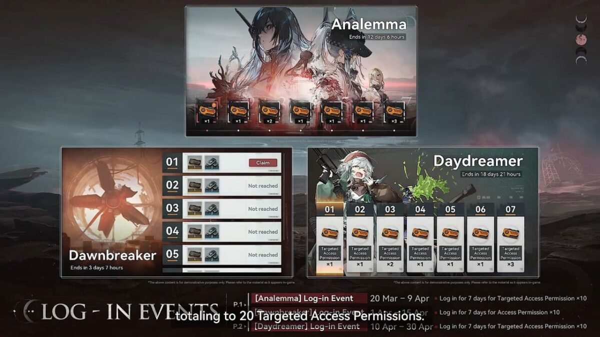 Girls' Frontline 2 log-in events screen showing Analemma, Daydreamer, and Dawnbreaker reward tracks