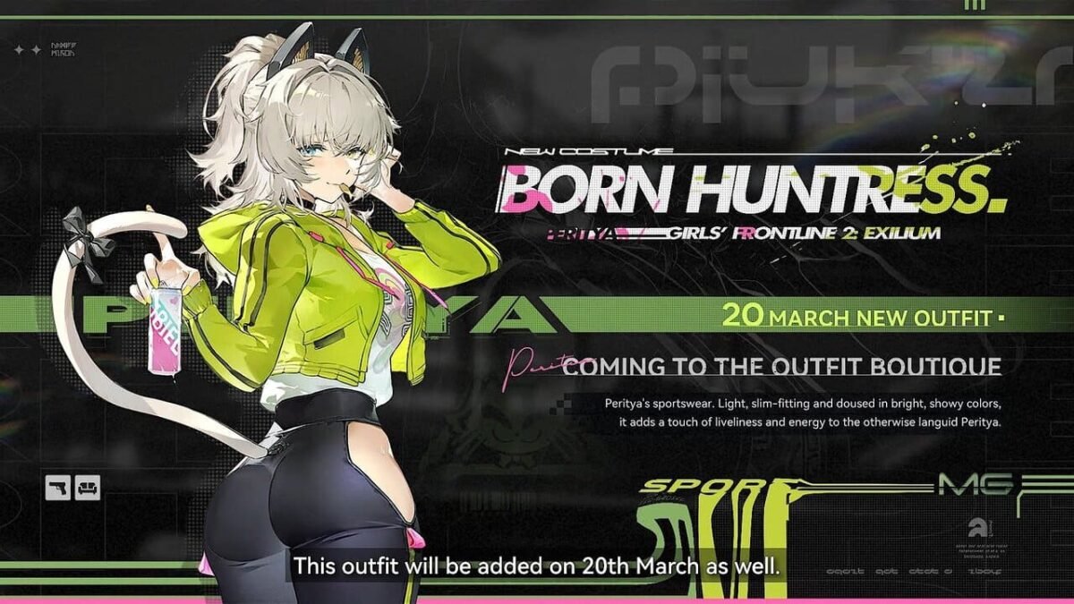 Peritya Born Huntress outfit banner in Girls' Frontline 2 featuring her new sportswear costume