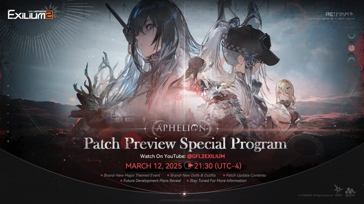 Girls' Frontline 2 Aphelion patch preview artwork announcing the special program livestream on March 12 2025