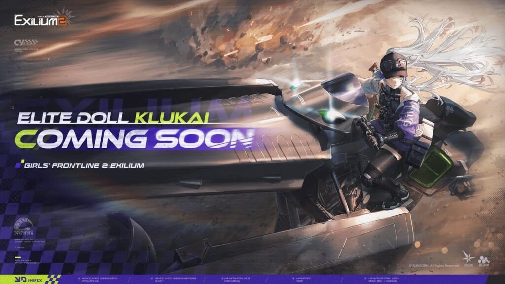 Klukai coming soon banner in Girls' Frontline 2 showing the elite Doll riding a high-speed combat vehicle