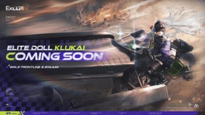 Klukai coming soon banner in Girls' Frontline 2 showing the elite Doll riding a high-speed combat vehicle