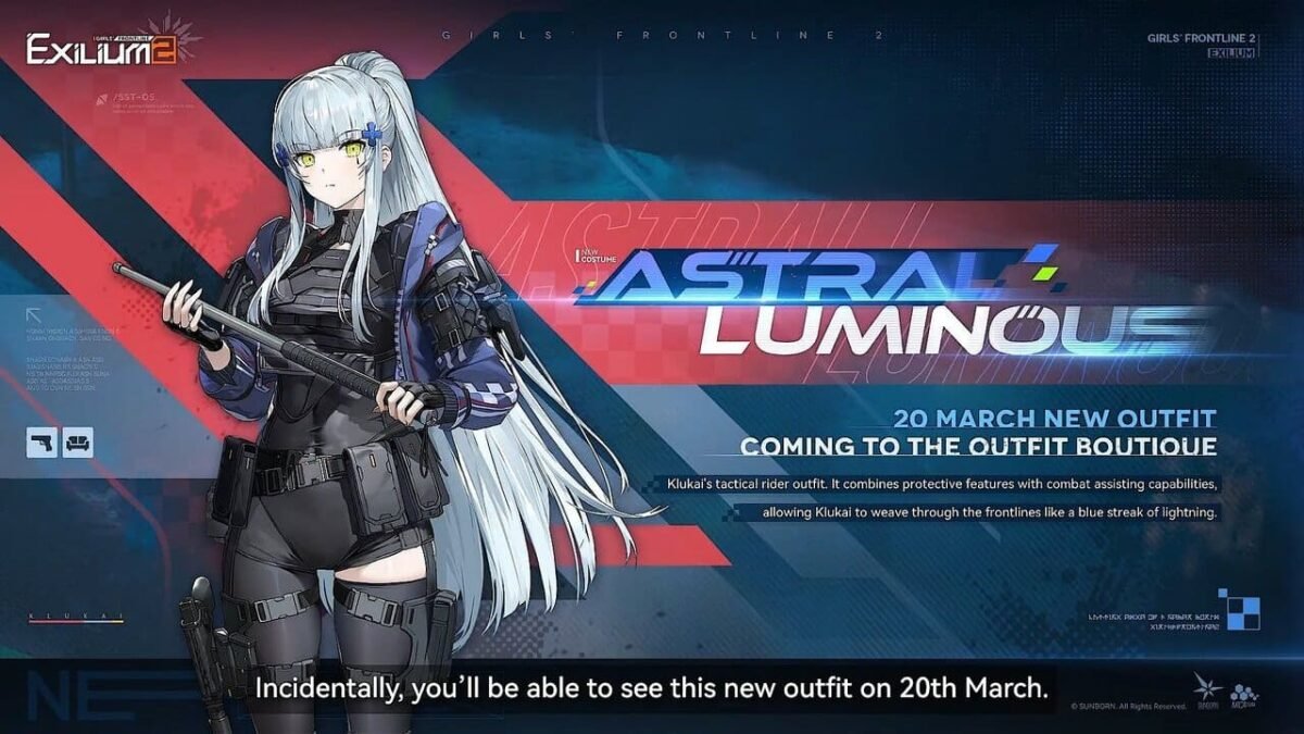 Klukai Astral Luminous outfit banner in Girls' Frontline 2 featuring her tactical rider costume