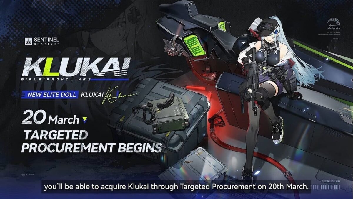 Klukai targeted procurement banner in Girls' Frontline 2 showing the new elite Doll and event start date