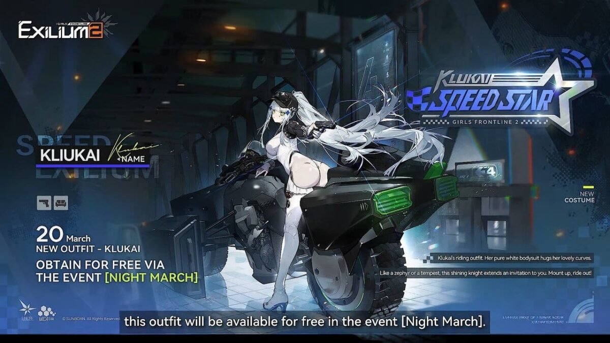 Klukai Speed Star Race Queen outfit banner in Girls' Frontline 2 showing her riding a futuristic bike