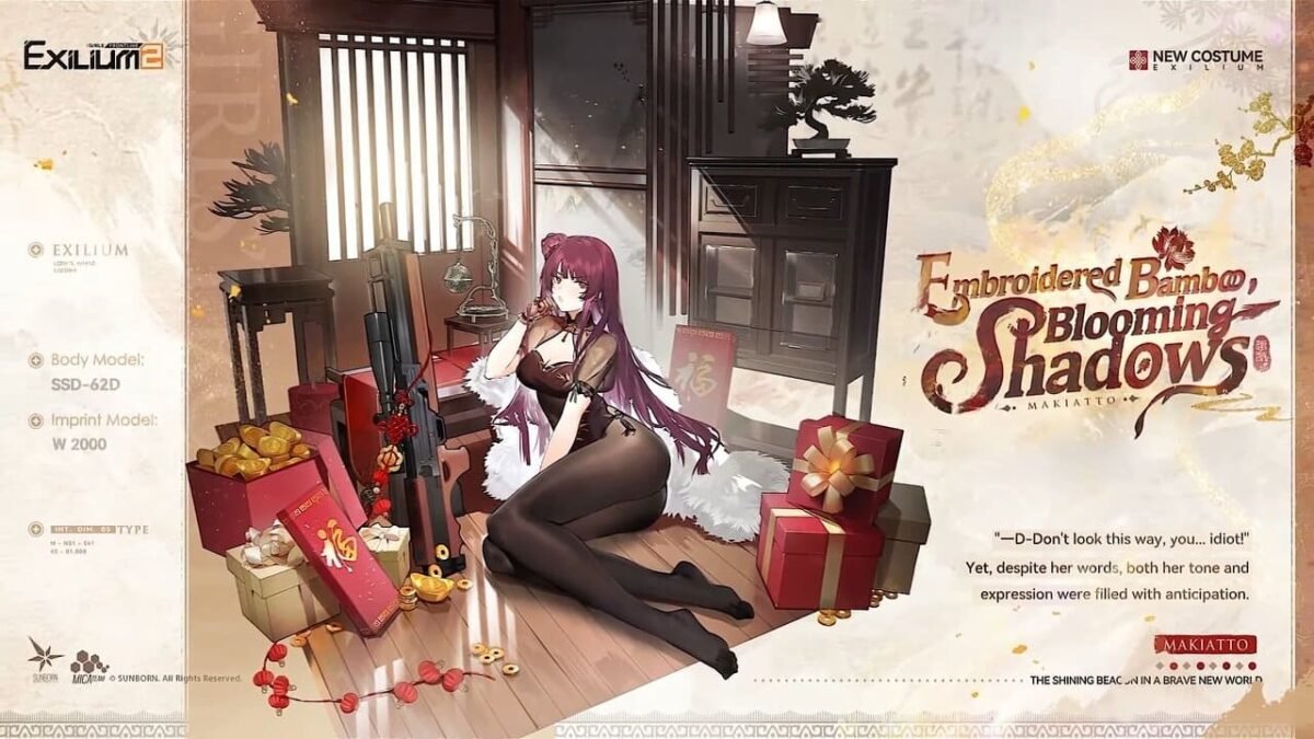 Makiatto Embroidered Bamboo Blooming Shadows outfit banner in Girls' Frontline 2 featuring her elegant Exilium costume