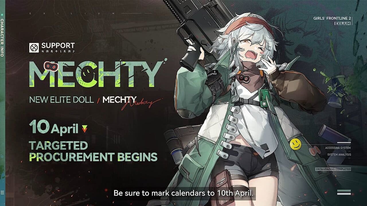 Official character intro for Mechty (G11) from our Mechty GFL2 guide showing her 404 squad origins.