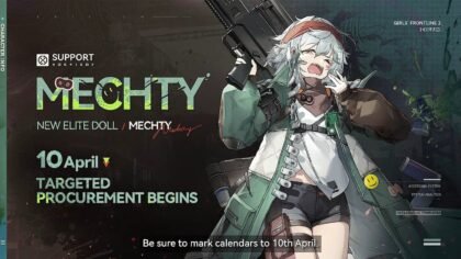 Mechty character card in Girls’ Frontline 2: Exilium, showing the support-class Elite Doll with her weapon and April 10 release date.